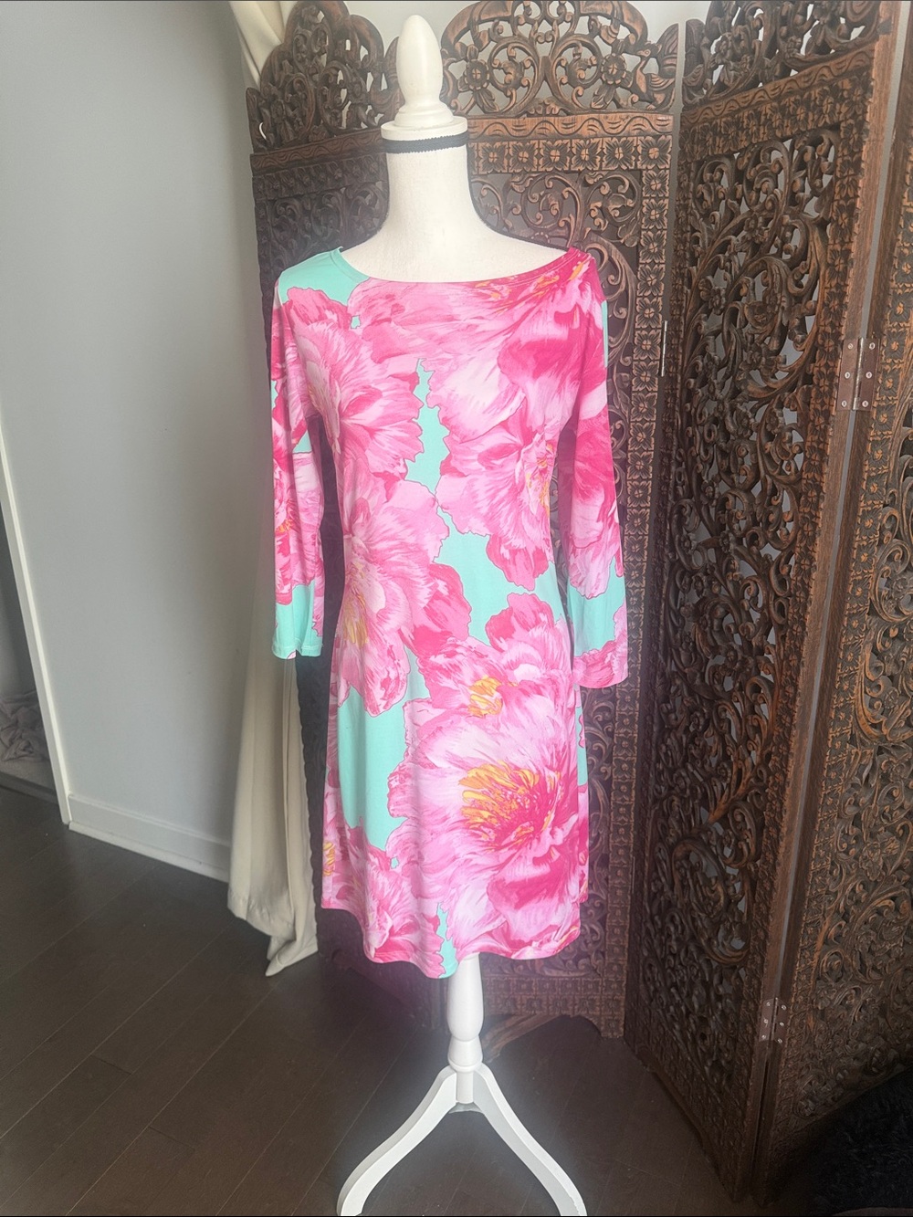 Floral Boatneck Dress in Pink and Mint by Jean Pierre Klifa